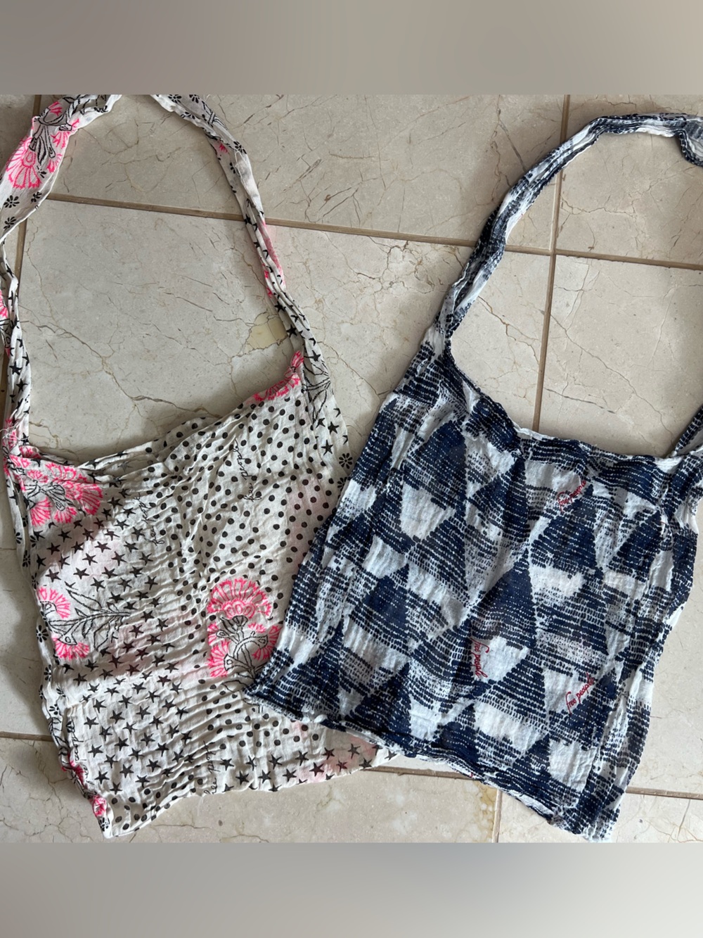 Free People Lot of 2 Canvas Feel Muslin Cotton Boho Sling Shopping Tote Bags OS